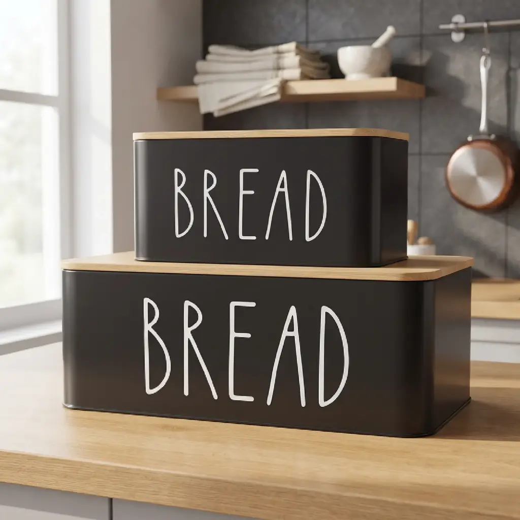 360 HOME RECTANGULAR BREAD STORAGE BIN METAL BLACK WHITE LETTERING 18x15.5x13/13.5 28x20.5x19/19.5
