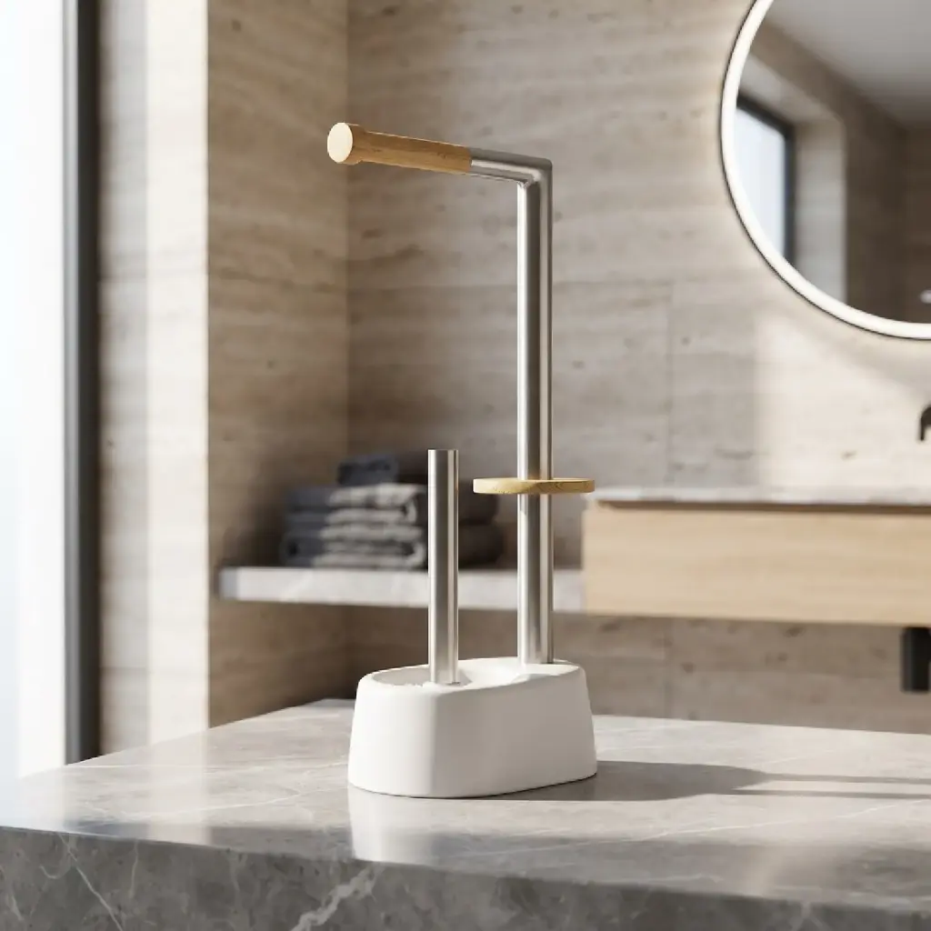 360 HOME FLOOR STANDING TOILET BRUSH+TOILET PAPER HOLDER WHITE MARBLE EFFECT GOLD ACCENT SLEEK GEOMETRIC SILHOUETTE