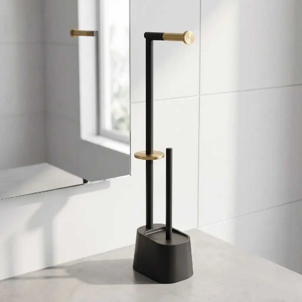 360 HOME FLOOR STANDING TOILET BRUSH+TOILET PAPER HOLDER DARK GREY GOLD ACCENTVERTICAL STAND+SQUARE BASE