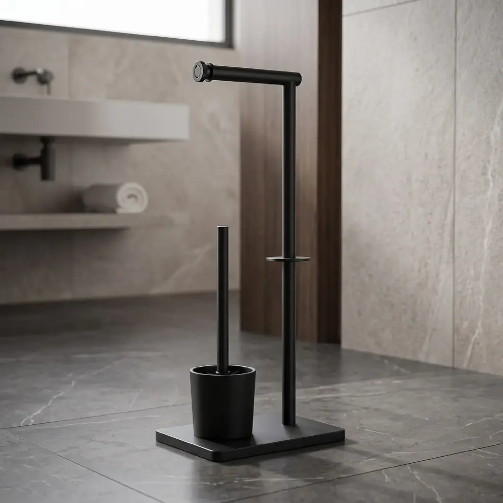 360 HOME STANDING PAPER HOLDER L-SHAPE AND TOILET BRUSH SET :20.5x16x65cm BLACK MATTE METAL FRAME