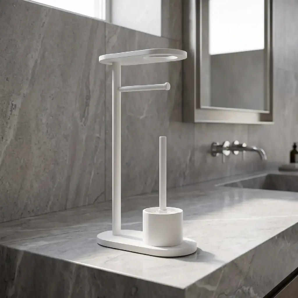 360 HOME TOILET BRUSH FRAME VERTICAL+PAPER HOLDER L-SHAPE+PHONE HOLDER 12*25*66cm WHITE MATTE METAL FRAME ROUND BASE 