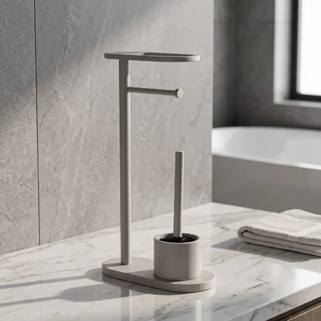 360 HOME TOILET BRUSH FRAME VERTICAL+PAPER HOLDER L-SHAPE+PHONE HOLDER 12*25*66cm SILVER MATTE METAL FRAME ROUND BASE 