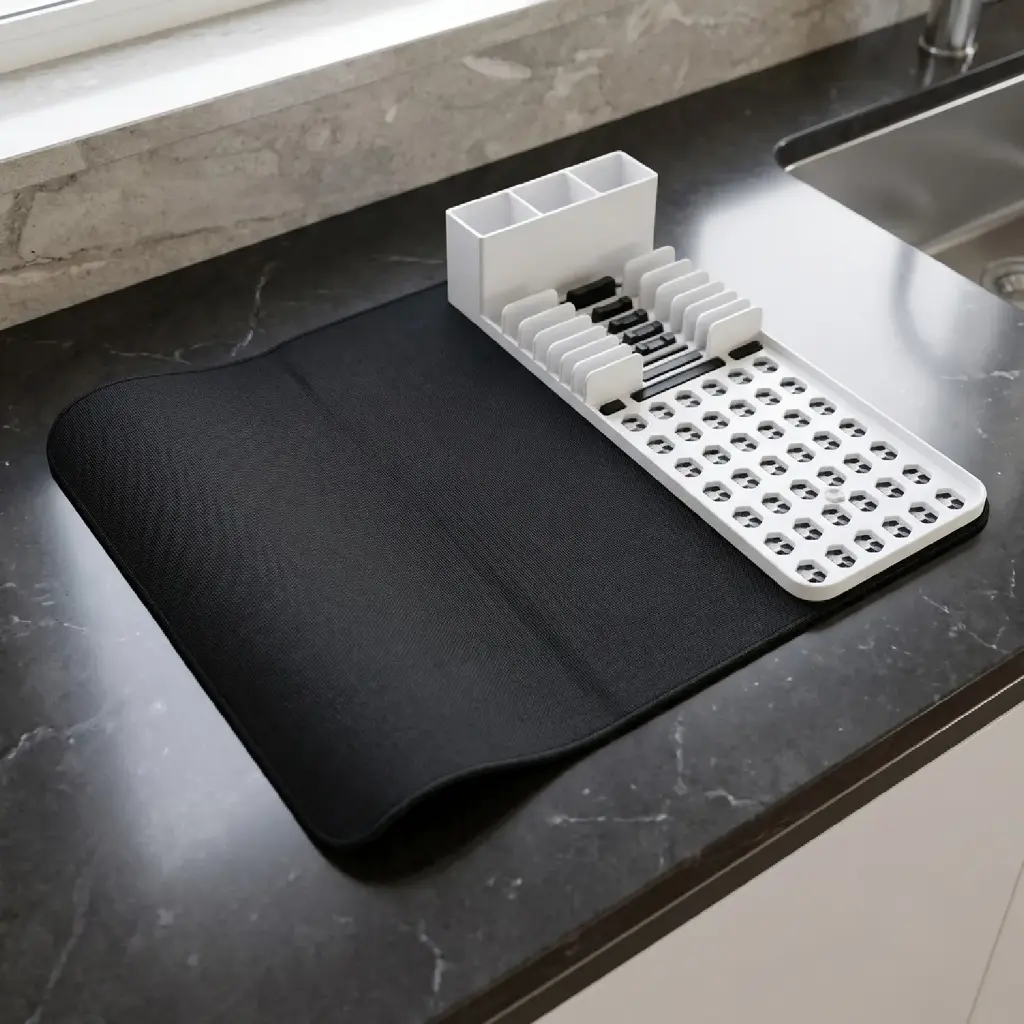 360 HOME BATHROOM MAT SET DRAINING RACK:42x17x8 ABSORBENT PAD:50x45