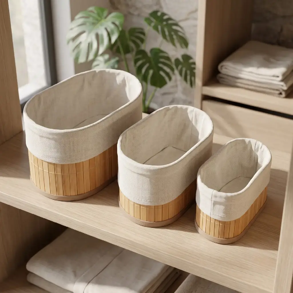 360 HOME STORAGE BASKET SET OVAL BAMBOO EXTERIOR SOFT WHITE FABRIC INTERIOR