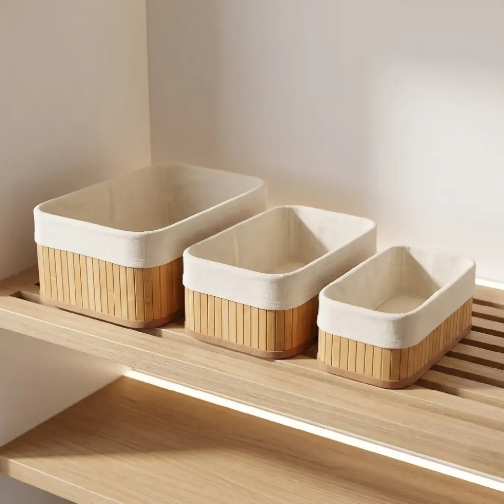 360 HOME STORAGE BASKET SET RECTANGLE BAMBOO EXTERIOR SOFT WHITE FABRIC INTERIOR