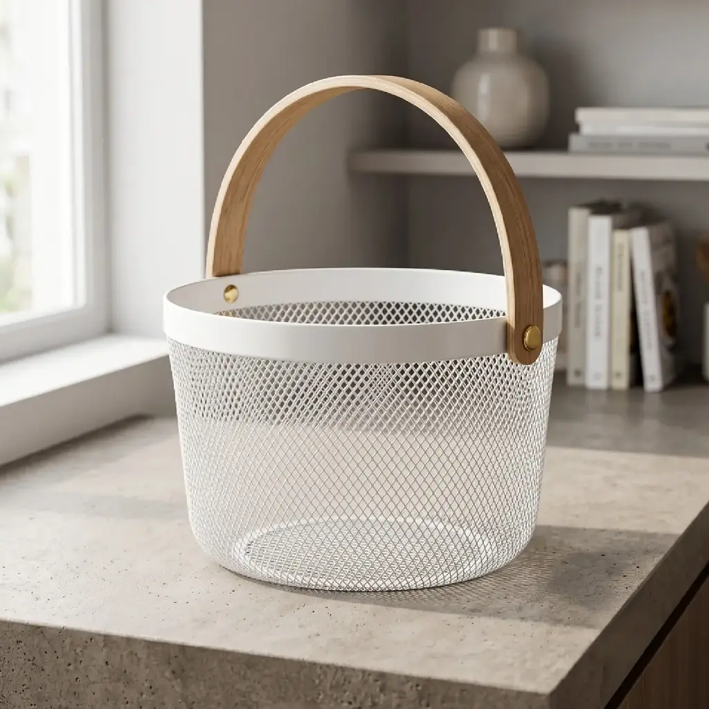 360 HOME CARRYING BASKET ROUND IRON MESH WOOD HANDLE，26×26×18.5CM SILVER
