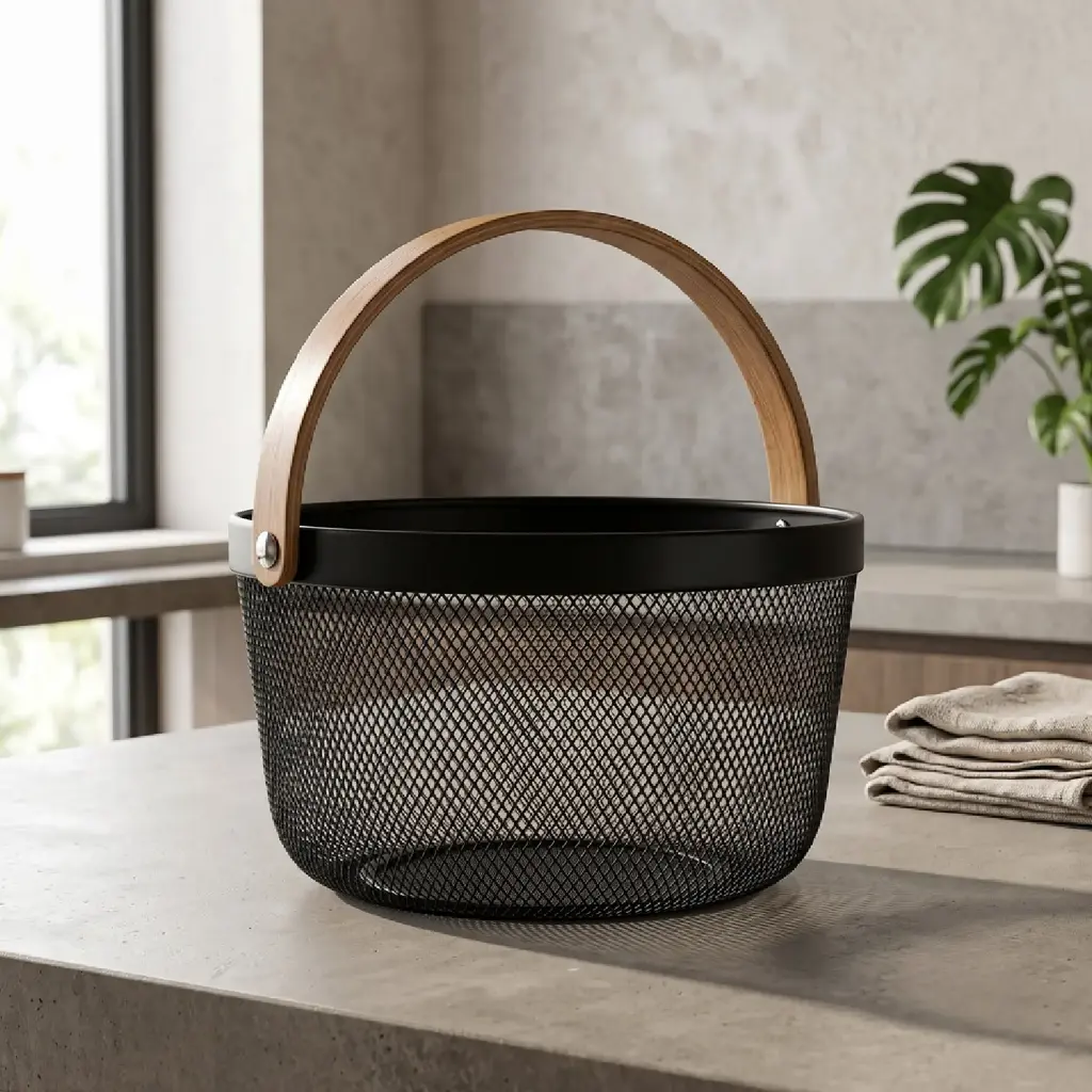 360 HOME CARRYING BASKET ROUND IRON MESH WOOD HANDLE 26×26×18.5CM BLACK