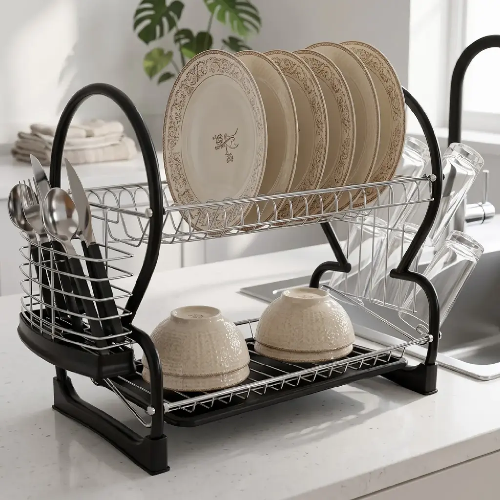 360 HOME DISH DRYING 2-TIER METAL OPEN WIRE SIDE MOUNTED CUTLERY HOLDER BUIL-IN DRAINBOARD 