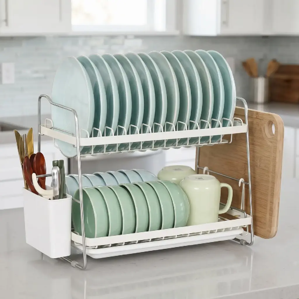 360 HOME DISH DRYING RACK METAL 2-TIER REMOVABLE SIDE-MOUNTED CUTLERY HOLDER+SIDE CUTTING BOARD 41*25*29