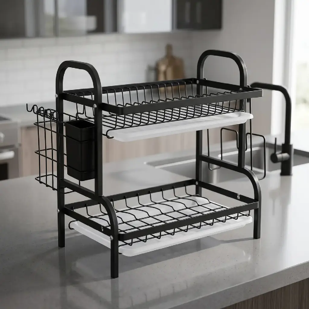 360 HOME DISH DRYING RACK 2-TIER OVER-THE-SINK REMOVABLE SIDE-MOUNTED CUTLERY HOLDER SIDE HOOK USTENSIL 42*25*41.5