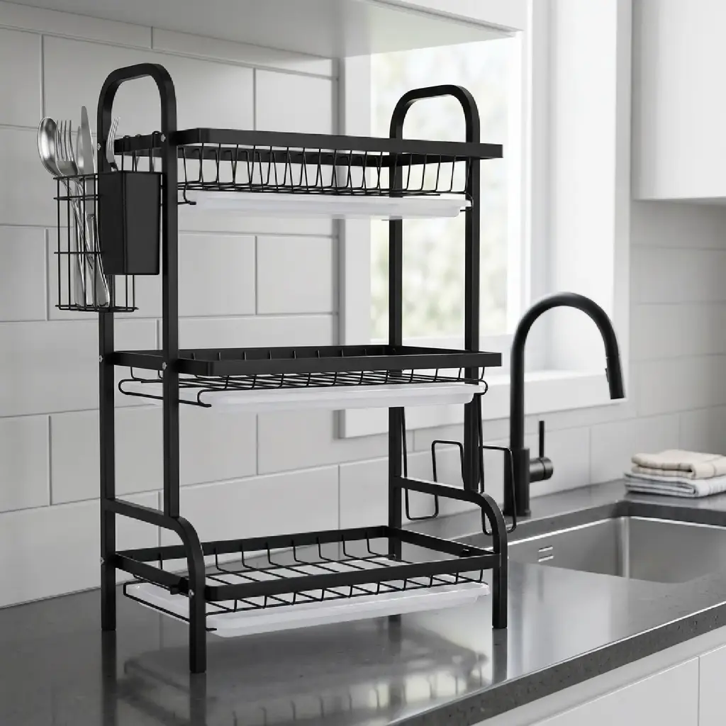 360 HOME DISH DRYNG RACK 3-TIER METAL OPEN WIRE REMOVABLE SIDE-MOUNTED CUTLERY HOLDER SIDE HOOK 42*25*63