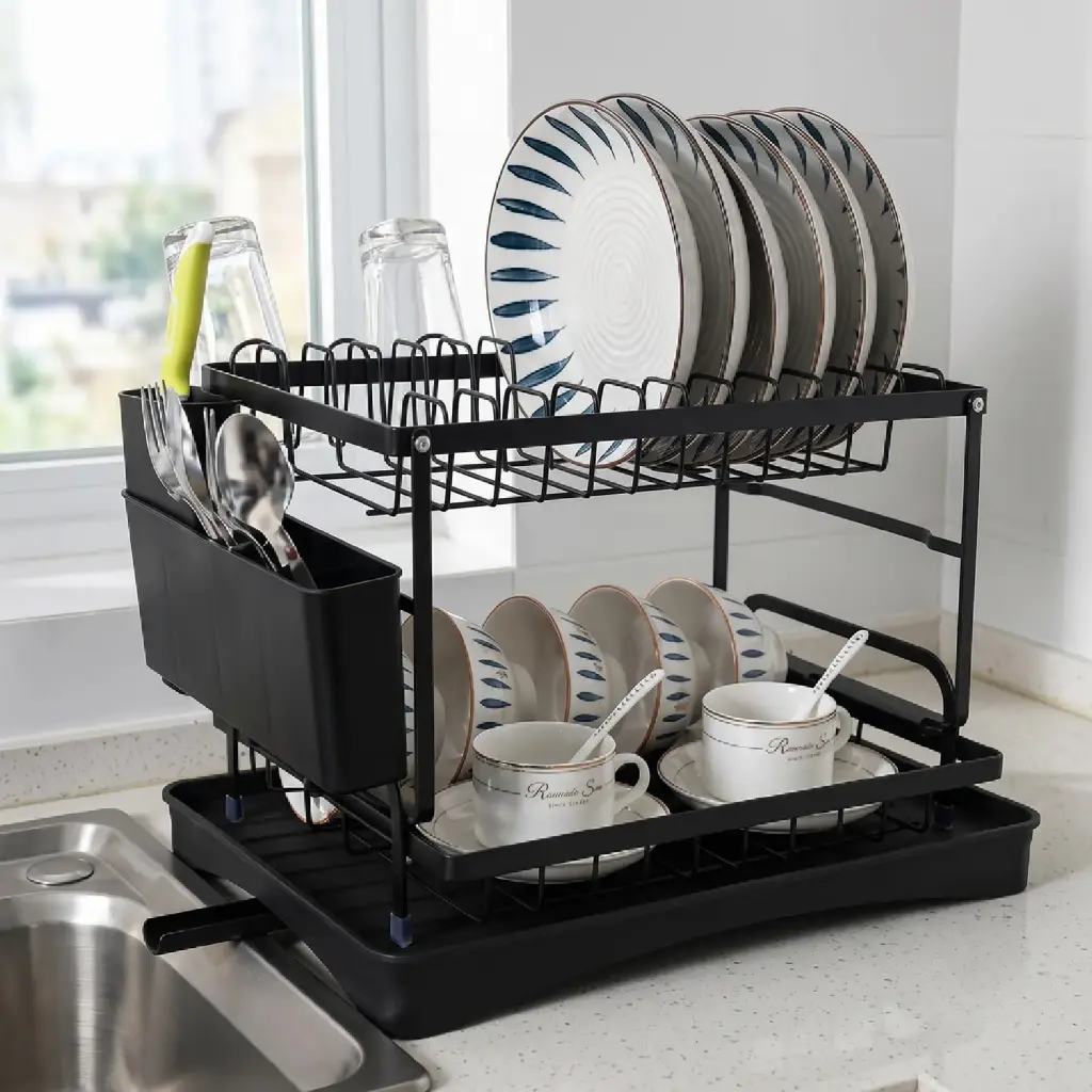 360 HOME DISH DRYING RACK 2-TIER METAL REMOVABLE CUTLERY HOLDER BUILT-IN TRAY ELEVATED FEET BLACK