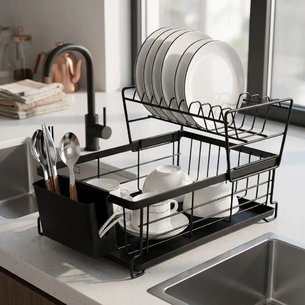 360 HOME DISH DRYING RACK 2-TIER OPEN WIRE REMOVABLE SIDE-MOUNTED CUTLERY HOLDER CARBON STEEL+PP BLACK