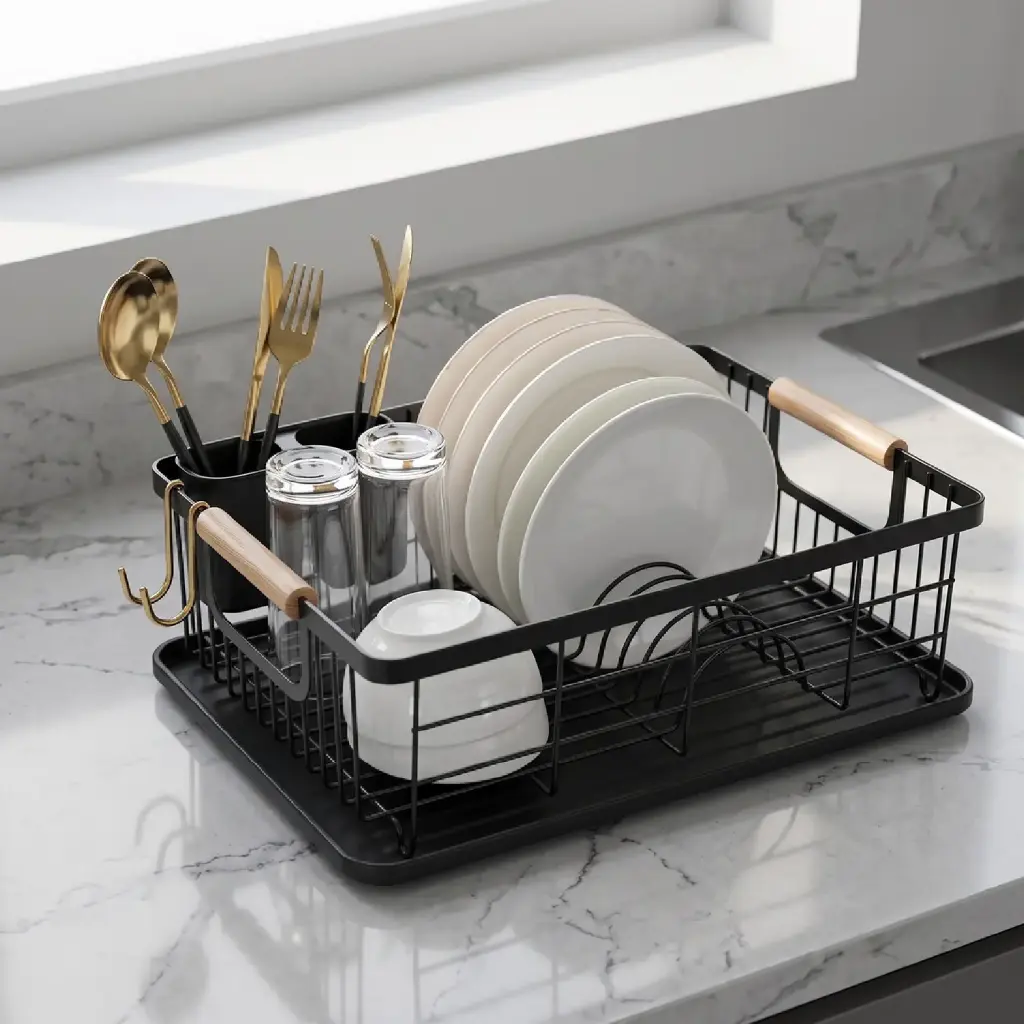 360 HOME DISH DRYING RACK SINGLE-TIER 43*32*14 OPEN WIRE BUILT-IN TRAY WOOD HANDLES CARBON STEEL+PP BLACK