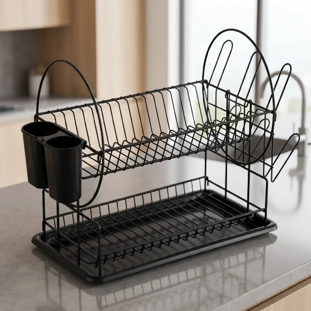 360 HOME DISH DRYING RACK 2-TIER WIRE REMOVABLE SIDE-MOUNTED CUTLERY HOLDER SIDE-RACK FOR CUPS BUILT-IN TRAY