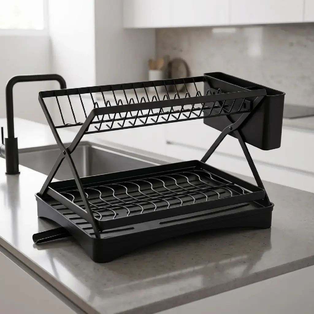 360 HOME DISH DRYING RACK FOLDABLE 2-TIER REMOVABLE SIDE-MOUNTED CUTLERY HOLDER BUILT-IN TRAY CARBON STEEL+PP