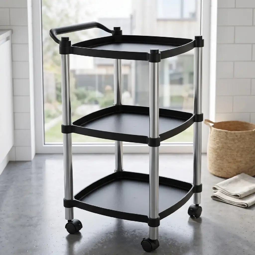 360 HOME ROLLING STORAGE CART 3-TIER RAISED EDGES STAINLESS STEEL+PP 33CM WIDTH 70/74CM HEIGHT