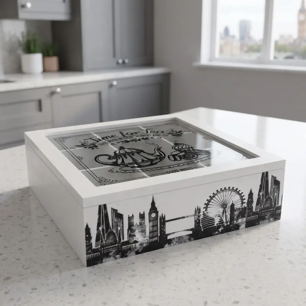 360 HOME MY HOME TEA BOX MDF+GLASS 24*24*7 Single bubble bag, two inner boxes (brown inner box)