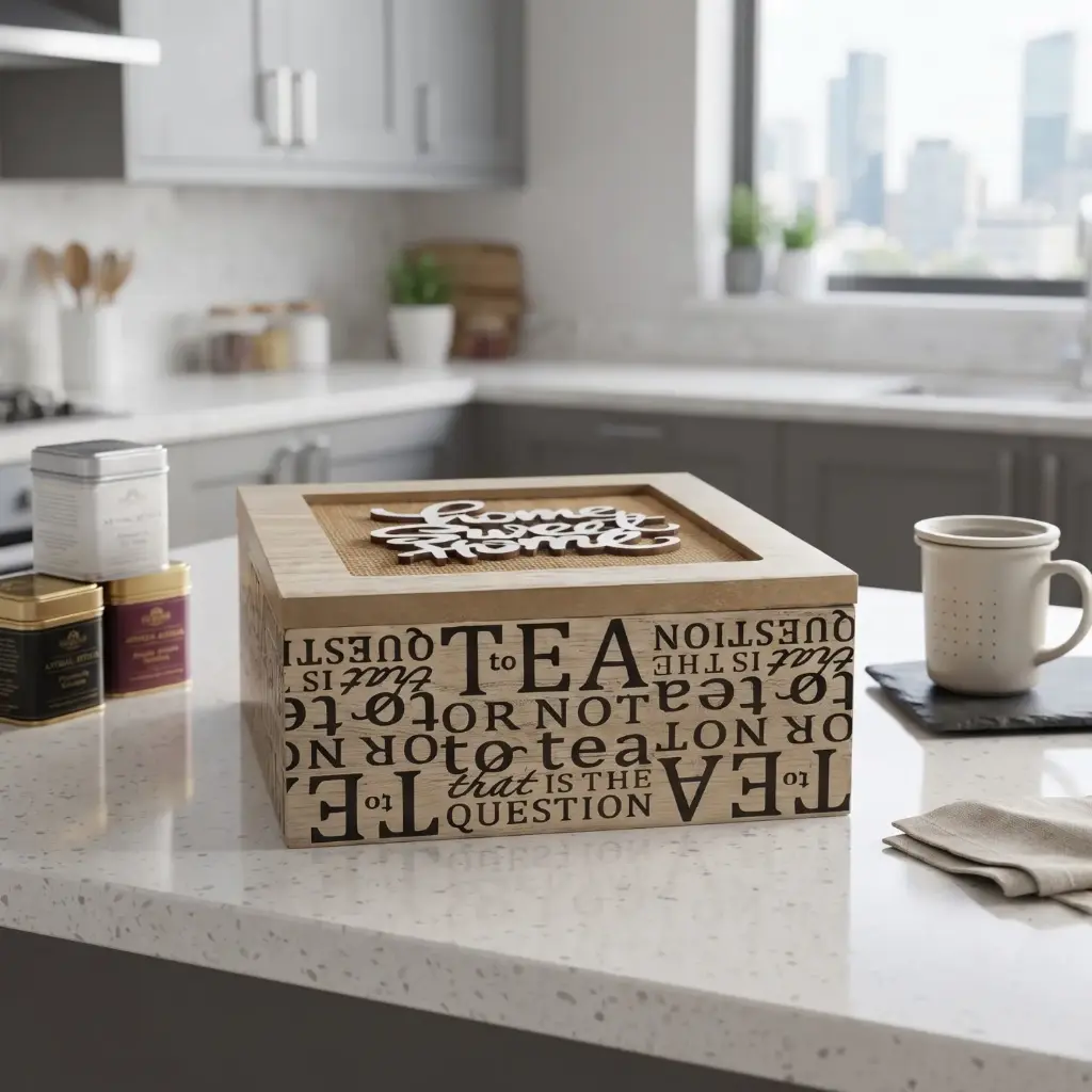 360 HOME MY HOME TEA BOX MDF+LINEN 
16*16*7
 Single bubble bag, four inner boxes (brown inner box