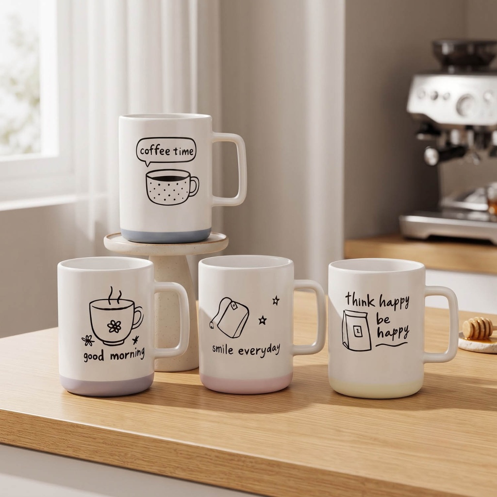360 HOME MUG CERAMIC BLACK&WHITE COFFEE THEMED ILLUSTRATIONS SQUARE HANDLE MATTE FINISH 420ML 48PCS/BOX