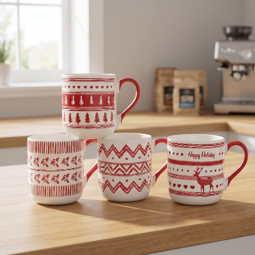 360 HOME CHRISTMAS MUG CERAMIC RED&WHITE GEOMETRIC NORDIC MOTIF 450ML 48PCS/BOX