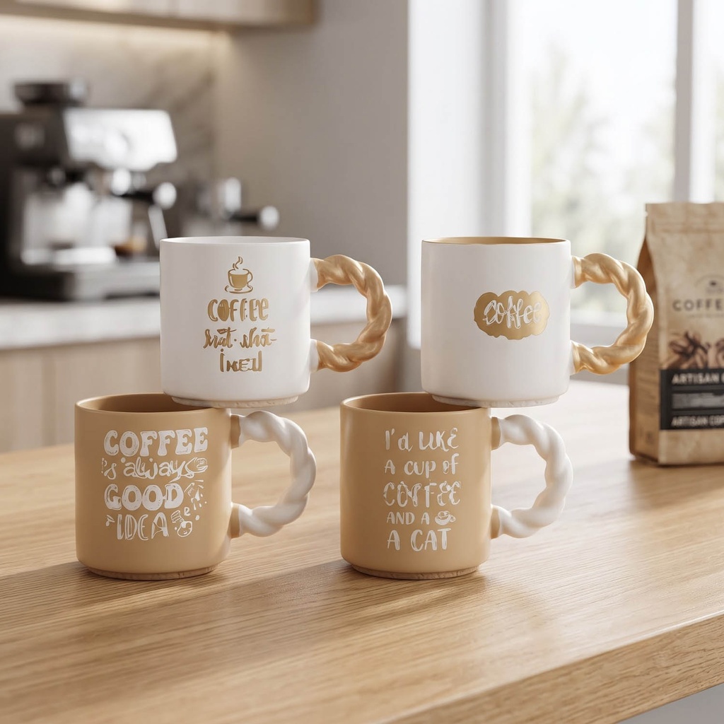 360 HOME COFFEE MUG CERAMIC BEIGE&WHITE TONES BRAIDED HANDLES 330ML 48PCS/BOX