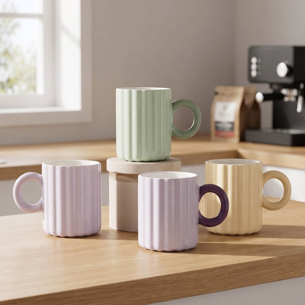 360 HOME MUG CERAMIC MODERN RIBBED TEXTURE MATTE FINISH PASTEL COLORS ROUNDED HANDLE 450ML 48PCS/BOX