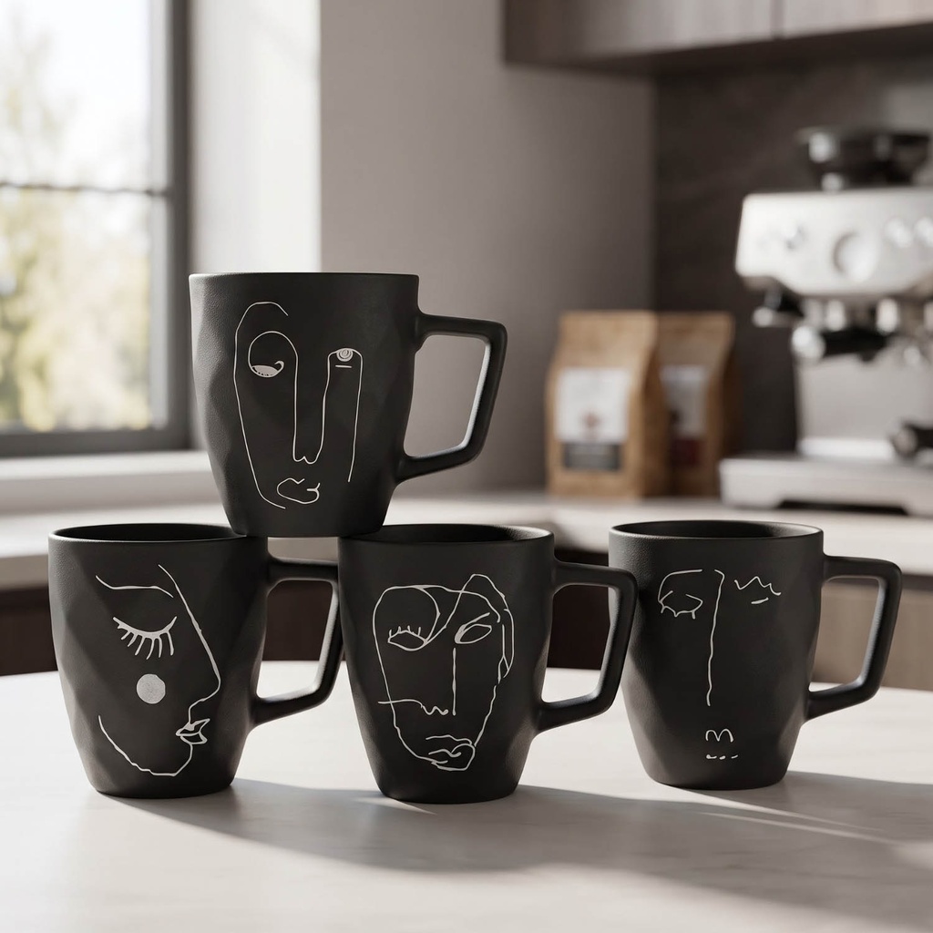 360 HOME MUG CERAMIC MODERN MATTE BLACK FINISH WHITE LINE-ART 440ML 48PCS/BOX