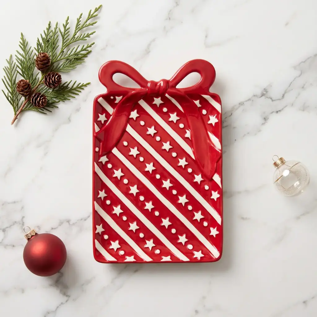 360 HOME MY HOME CHRISTMAS CERAMIC GIFT-SHAPED STORAGE BOX RED AND WHITE DESIGN DIAGONAL STRIPES AND SNOWFLAKE 36PCS/BOX  24*15*3