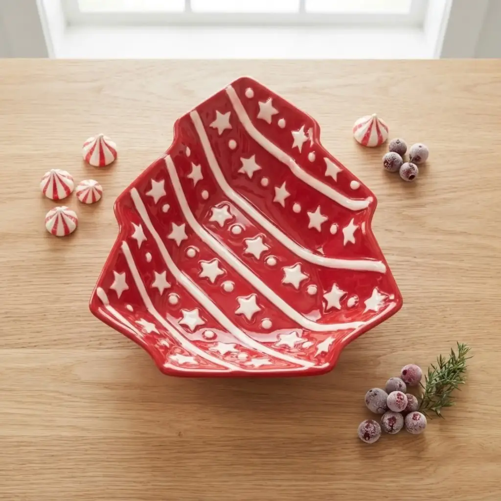 360 HOME MY HOME CHRISTMAS CERAMIC TREE-SHAPED STORAGE BOX RED AND WHITE DESIGN+ DIAGONAL STRIPES AND SNOWFLAKE PATTERNS 36PCS/BOX  23*21*3