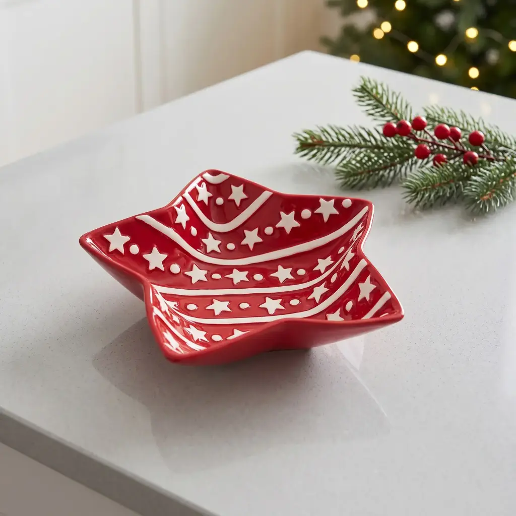 360 HOME MY HOME CHRISTMAS CERAMIC STAR-SHAPED DECORATIVE TRAY RED AND WHITE PATTERN+DIAGONAL STRIPES AND SNOWFLAKE MOTIFS 36PCS/BOX  17*16*5