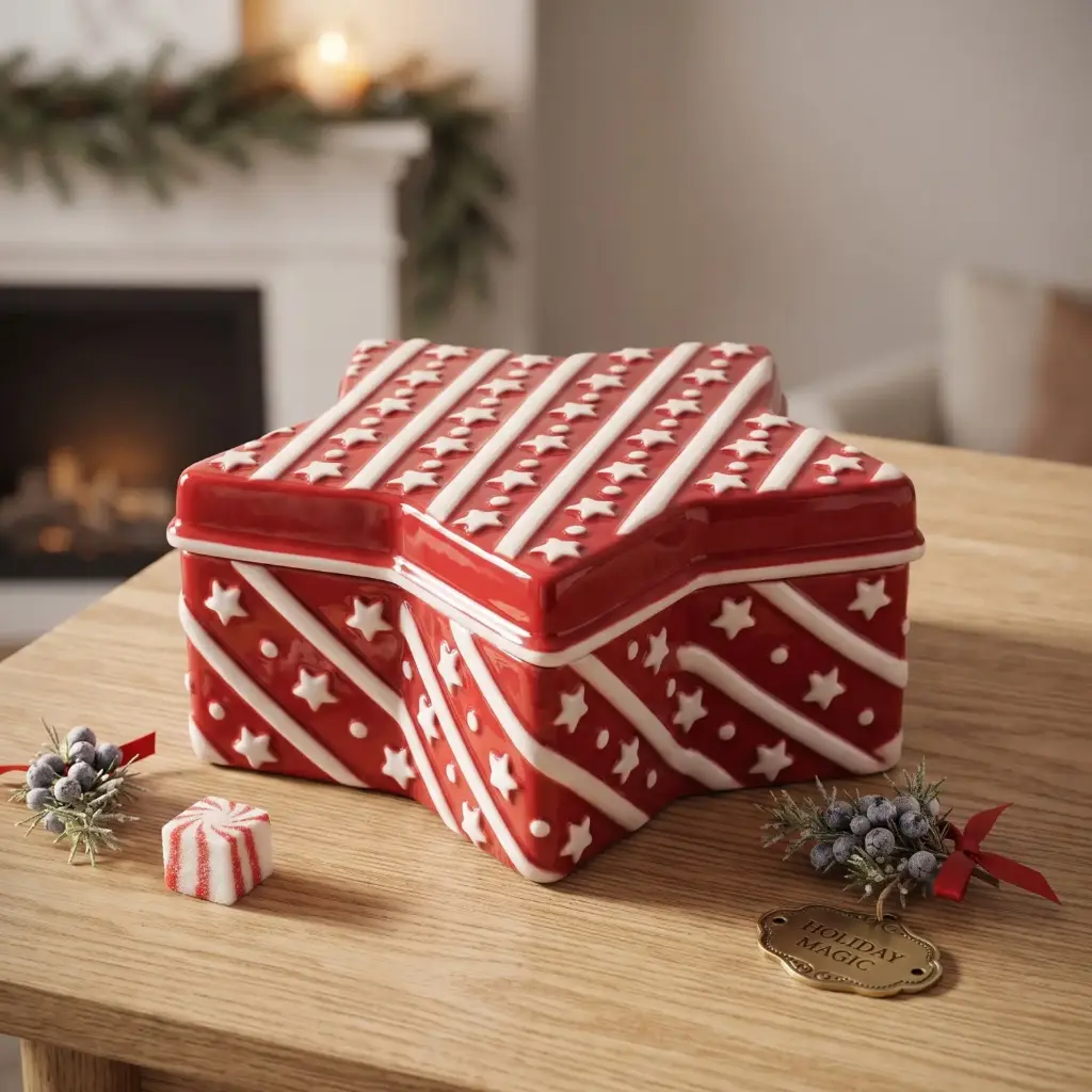 360 HOME MY HOME CHRISTMAS CERAMIC STAR-SHAPED STORAGE BOX WITH LID RED AND WHITE SNOWFLAKE PATTERN 18PCS/BOX 20*20*9