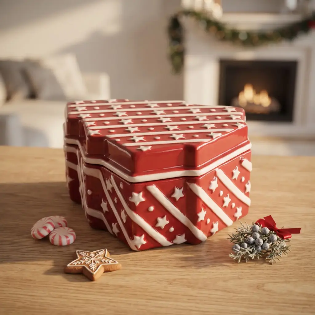 360 HOME MY HOME CHRISTMAS CERAMIC TREE-SHAPED STORAGE BOX WITH LID RED AND WHITE SNOWFLAKE PATTERN 18PCS/BOX 21*19*9