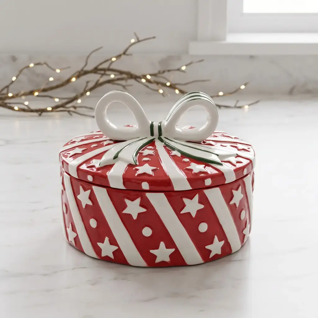 360 HOME MY HOME CHRISTMAS CERAMIC ROUND GIFT STORAGE WITH DECORATIVE BOW LID RED&WHITE SNOWFLAKE PATTERN 24PCS/BOX 16*16*11