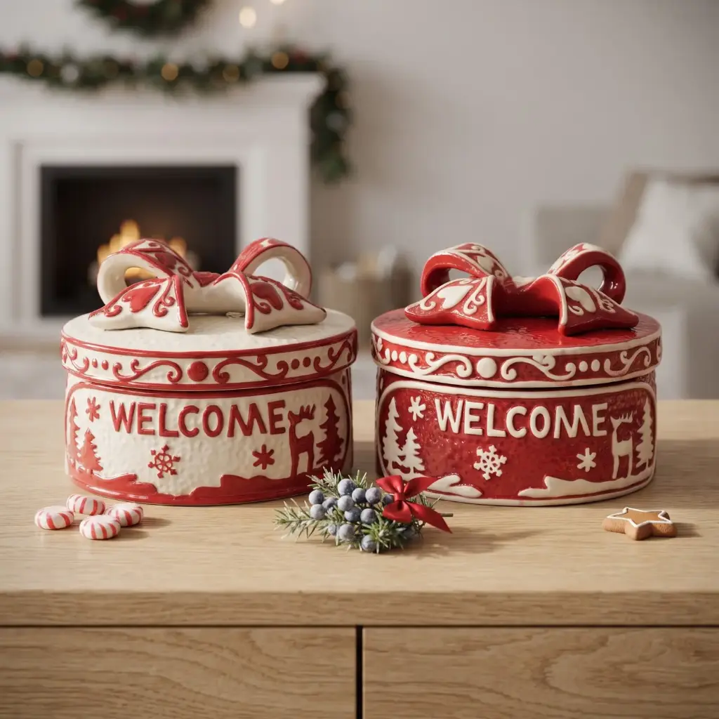 360 HOME MY HOME CHRISTMAS CERAMIC ROUND STORAGE BOX WITH BOW LID RED&WHITE DESIGN 24PCS/BOX 16*16*13