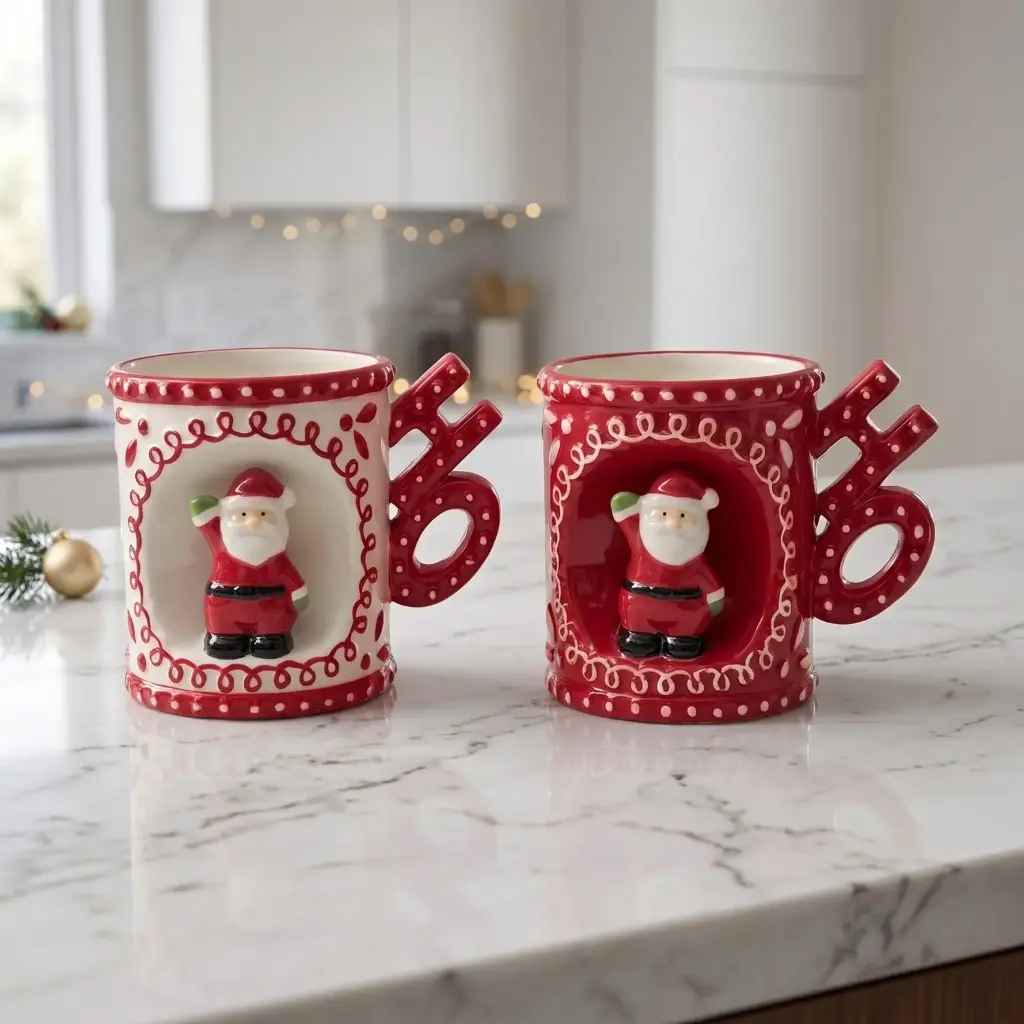 360 HOME MY HOME CHRISTMAS CERAMIC MUG WITH INTEGRATED MITTEN-SHAPED HANDLE RED&WHITE DESIGN 48PCS/BOX 13*9*10