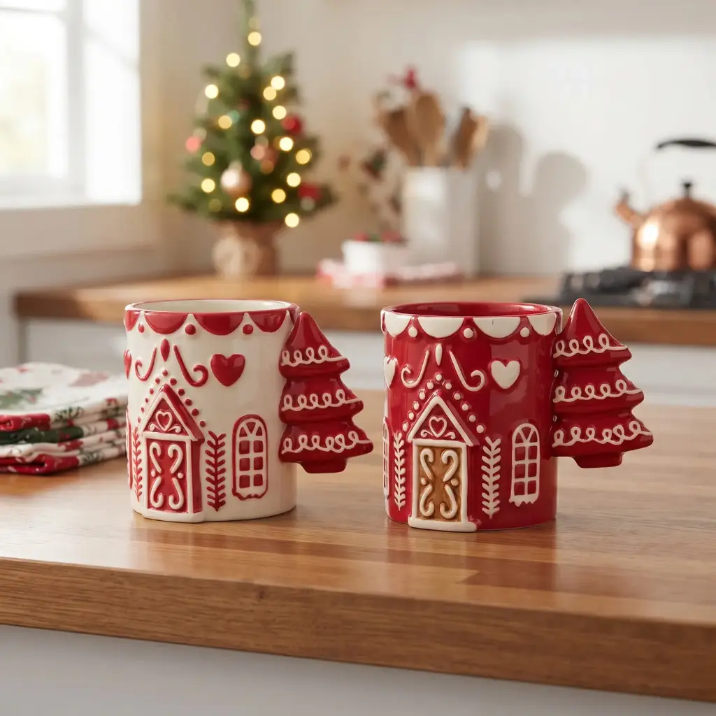 360 HOME MY HOME CHRISTMAS CERAMIC MUG WITH AN INTEGRATED MITTEN-SHAPED HANDLE HOUSE DESIGNS RED&WHITE 48PCS/BOX 14*9*10