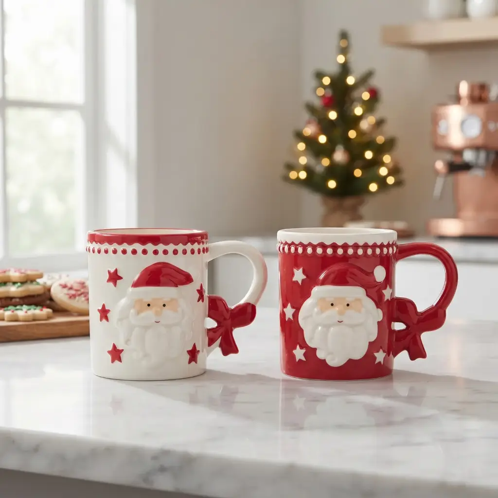 360 HOME MY HOME CHRISTMAS CERAMIC MUG SANTA CLAUS DESIGN STAR SHAPED HANDLE RED&WHITE 48PCS/BOX 14*9*10