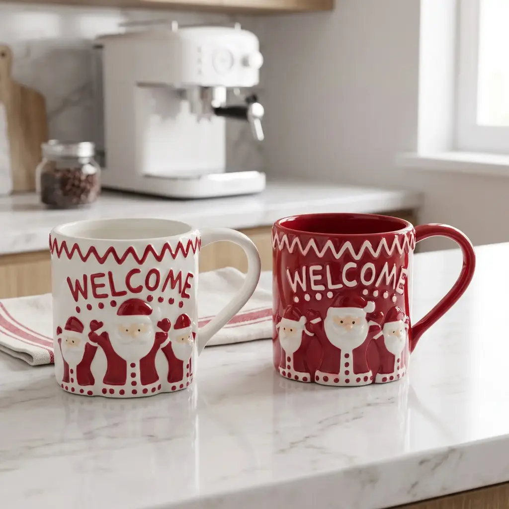 360 HOME MY HOME CHRISTMAS CERAMIC MUG "WELCOME" LETTERING&SANTA CLAUS DESIGN RED&WHITE 48PCS/BOX 13*9*10