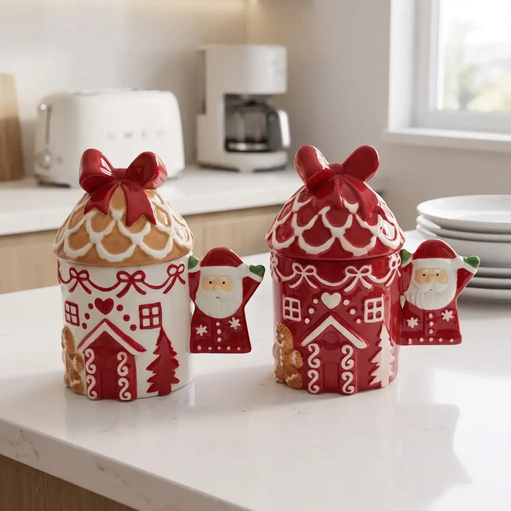 360 HOME MY HOME CHRISTMAS CERAMIC COOKIE JAR WITH LID AND DECORATIVE BOW RED&WHITE 36PCS/BOX  13*10*16