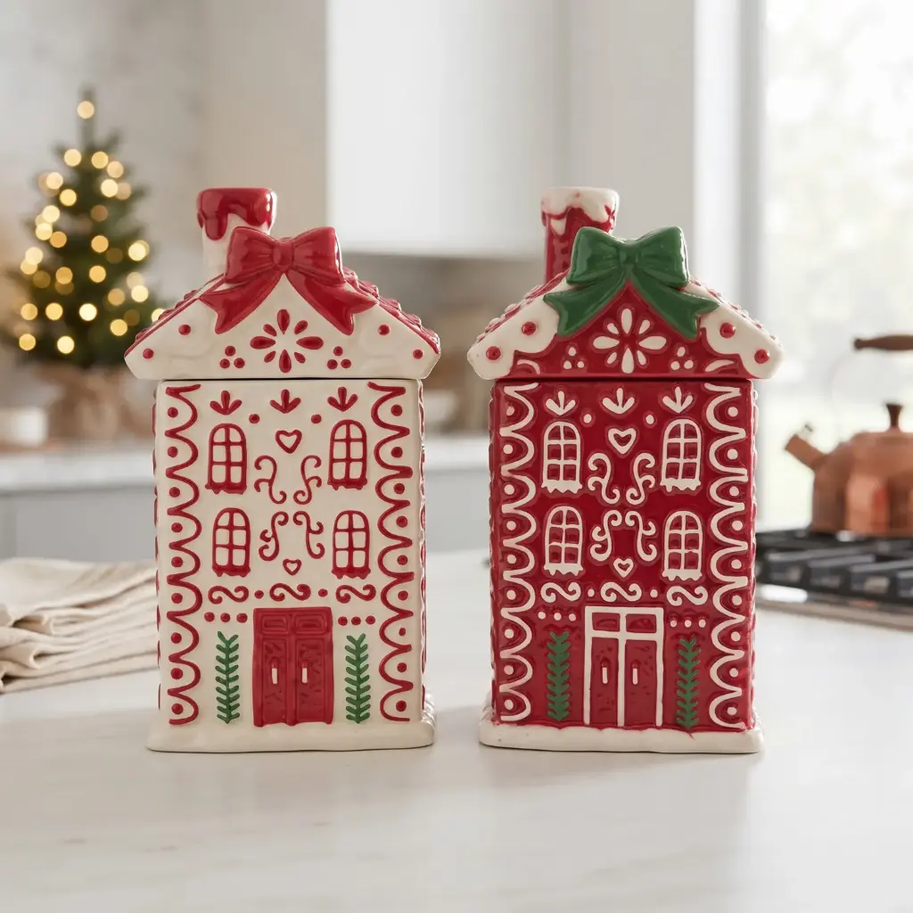360 HOME MY HOME CHRISTMAS CERAMIC HOUSE-SHAPED COOKIE JAR WITH LID 12PCS/BOX 13*11*23