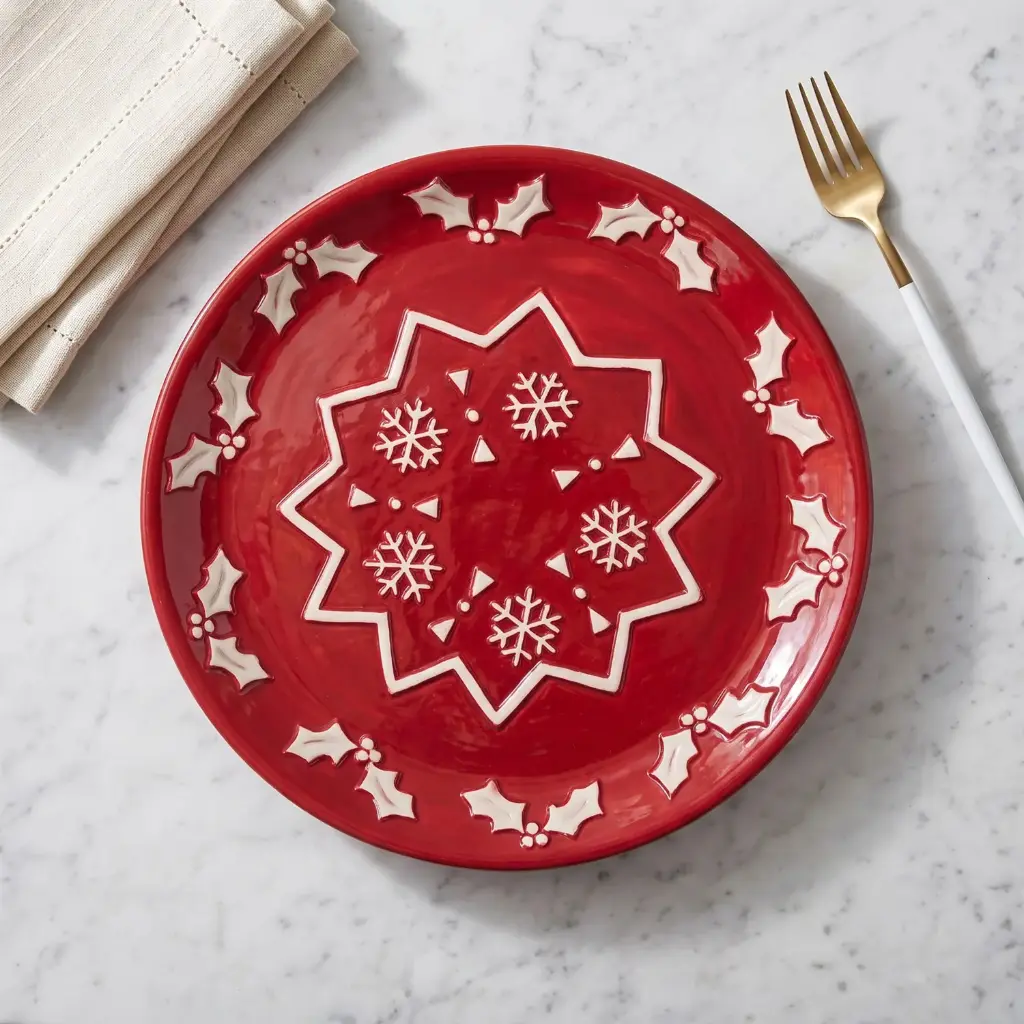 360 HOME MY HOME CHRISTMAS CERAMIC SERVING PLATTER ROUND SNOWFLAKES AND REINDEER PATTERNS 24PCS/BOX 31*31*2.8