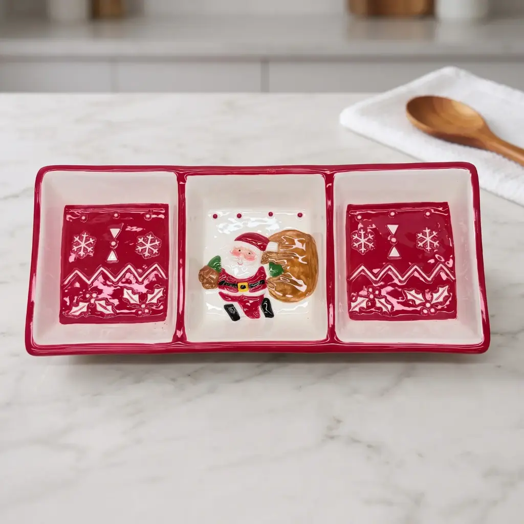360 HOME MY HOME CHRISTMAS CERAMIC SERVING TRAY 3-SECTIONS SANTA CLAUS CENTERPIECE 24PCS/BOX 32.5*14.1*3.5