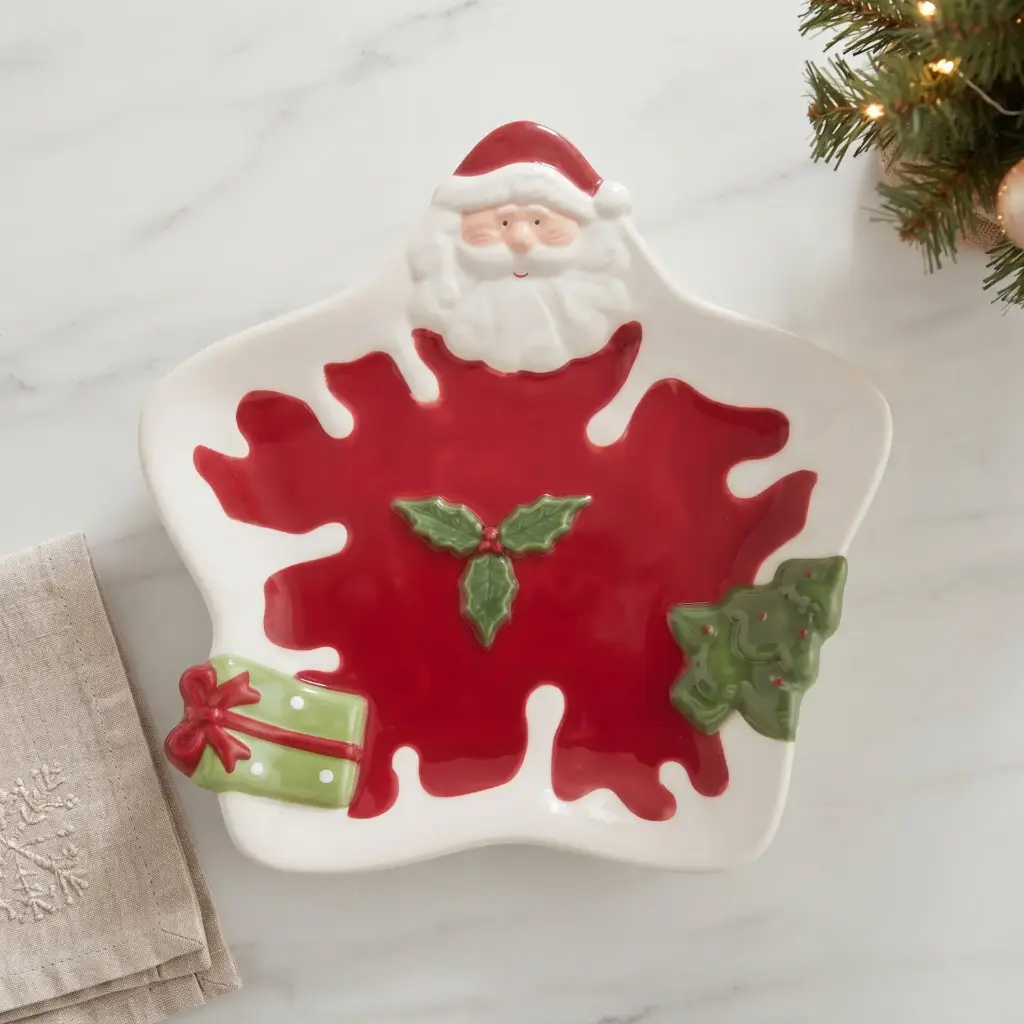 360 HOME MY HOME CHRISTMAS CERAMIC SERVING PLATE STAR-SHAPED SANTA CLAUS TREE AND MITTEN DECORATION RED SPLASH CENTER 24PCS/BOX 26*25.5*3.2