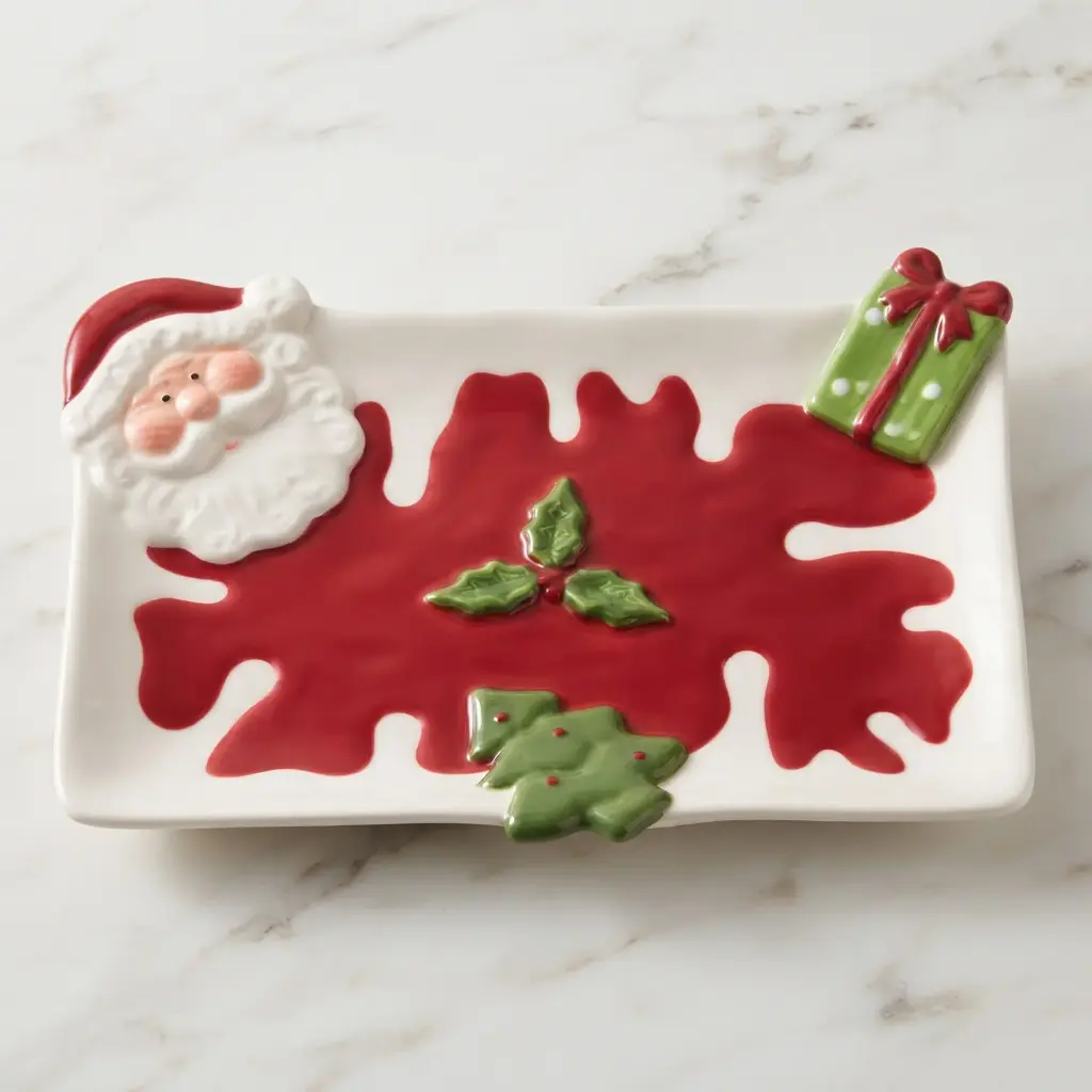 360 HOME MY HOME CHRISTMAS CERAMIC SERVING PLATE RECTANGULAR SANTA CLAUS TREE AND MITTEN DECORATION RED SPLASH CENTER  24PCS/BOX 28.*19.0*3.5