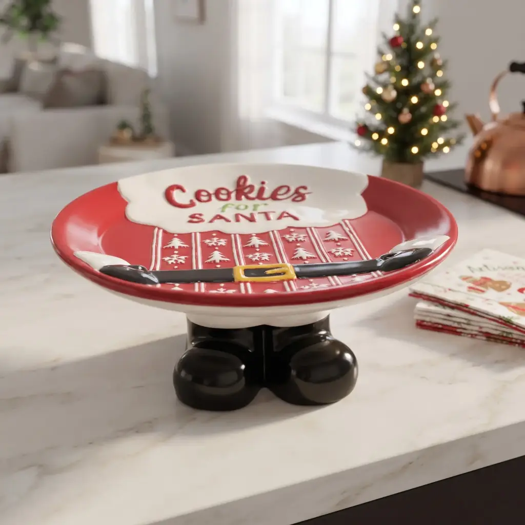 360 HOME MY HOME CHRISTMAS CERAMIC PEDESTRAL COOKIE PLATE "COOKIES FOR SANTA" SANTA-THEMED DETAILS 12PCS/BOX 25.0*25.0*10.0
