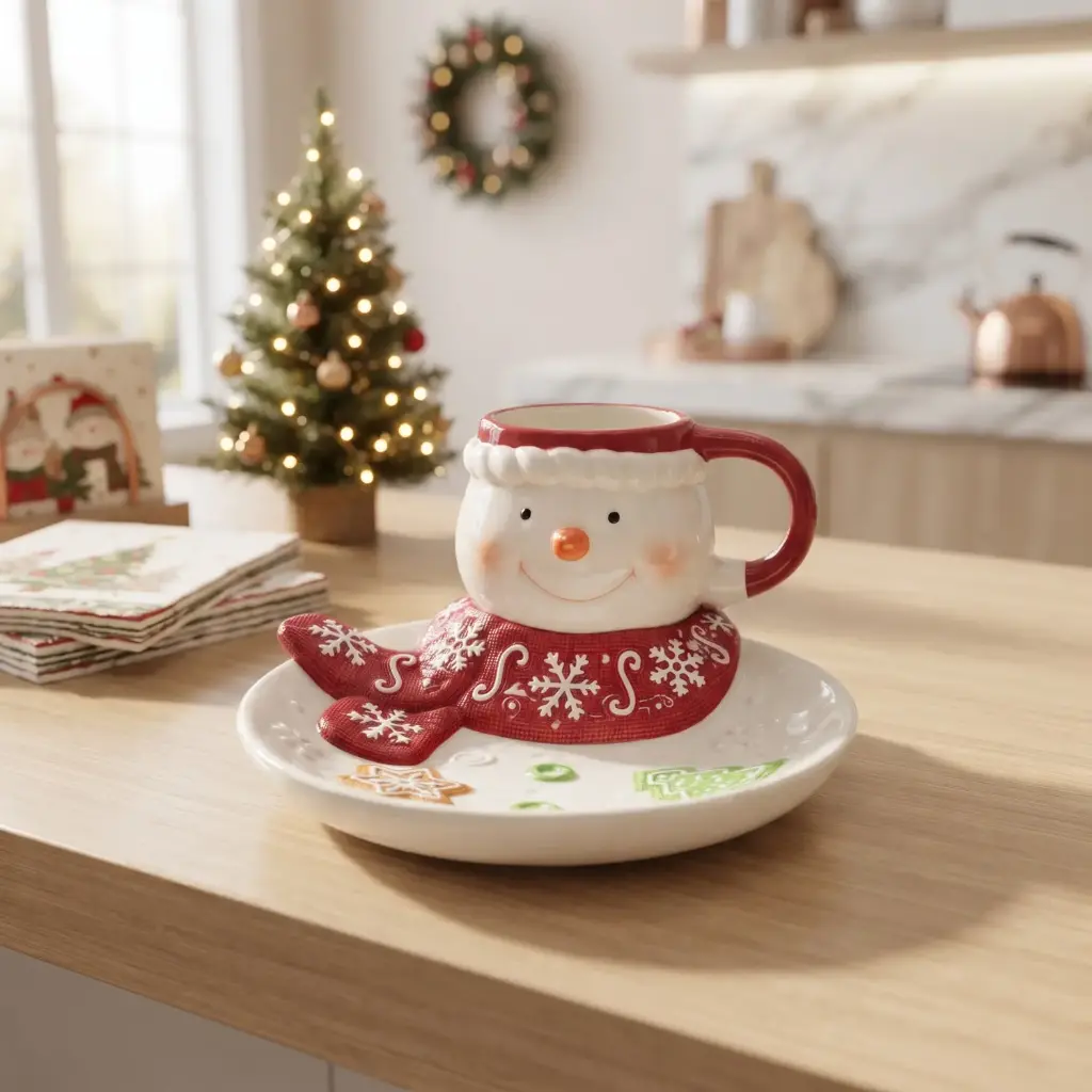 360 HOME MY HOME CHRISTMAS CERAMIC MUG SNOWMAN & COOKIES PLATE MITTEN-SHAPED HANDLE 8PCS/BOX 29.3*21.3*14