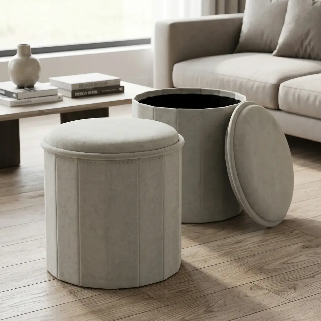 360 HOME MY HOME FOLDABLE BOX OTTOMAN STOOL TO TABLE ROUND 38CM BEIGE