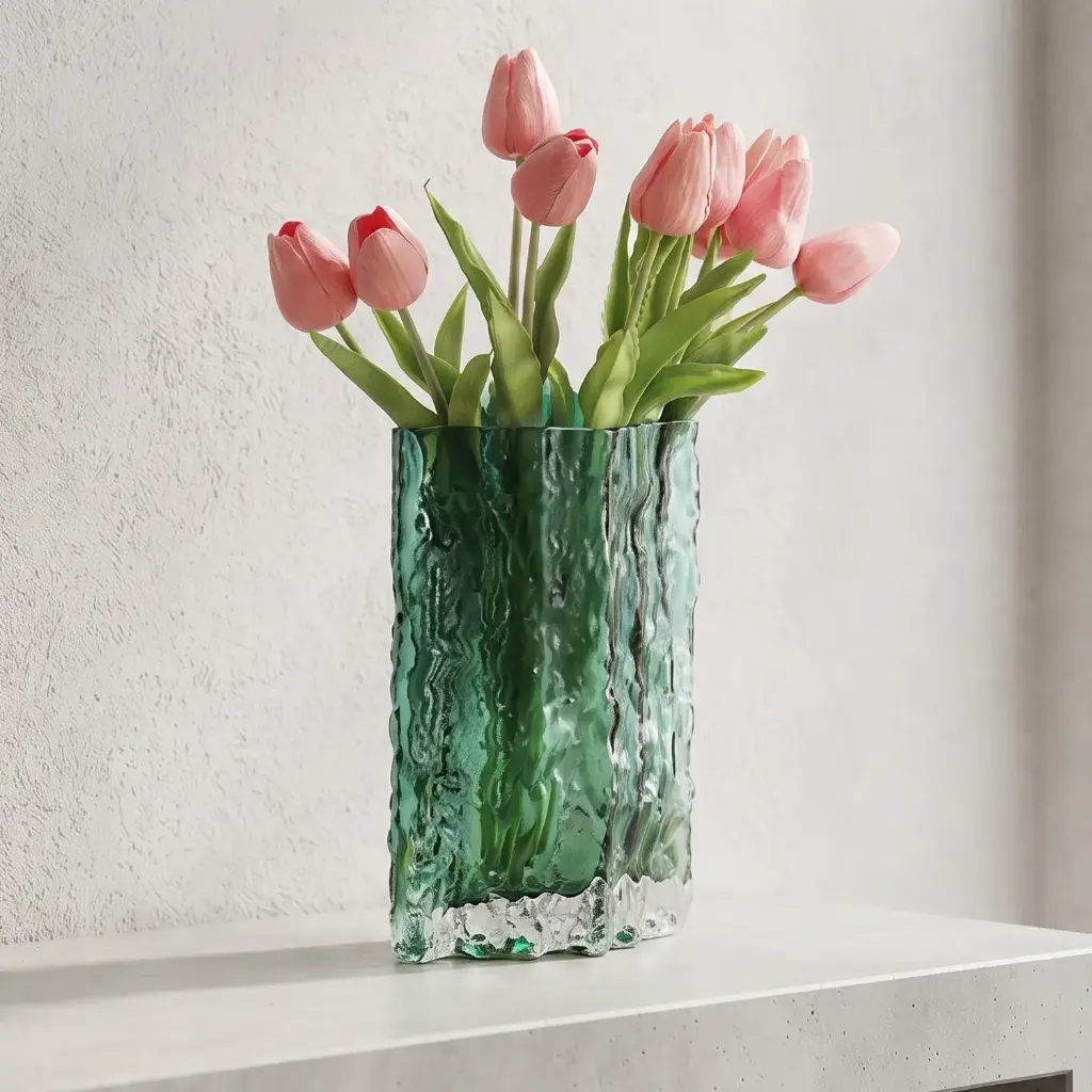 360 HOME MY HOME DECORATIVE GLASS VASE Textured Rectangular cylindrical shape 15*15*20.5cm transparent green