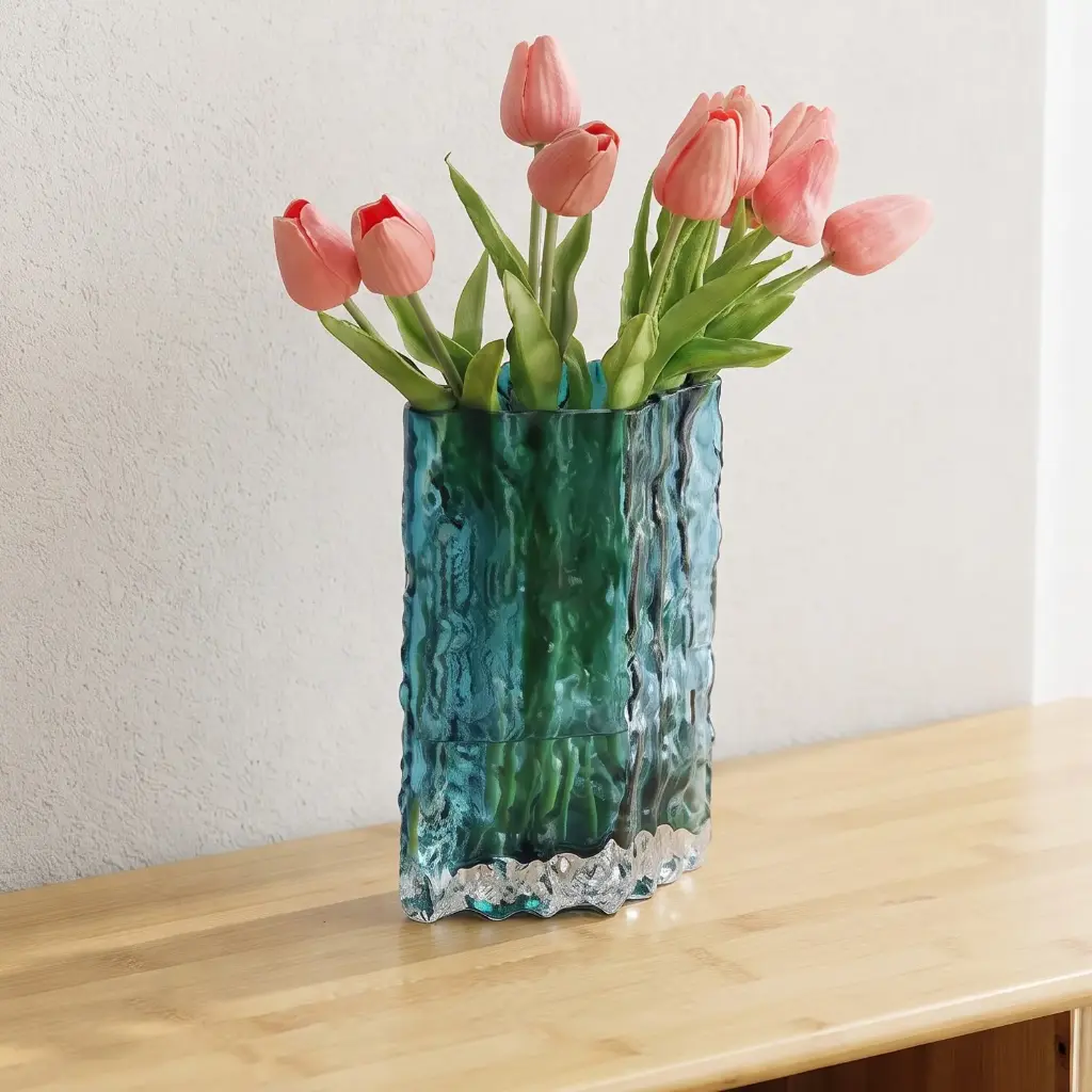 360 HOME MY HOME DECORATIVE GLASS VASE Textured Rectangular cylindrical shape 15*15*20.5cm transparent blue